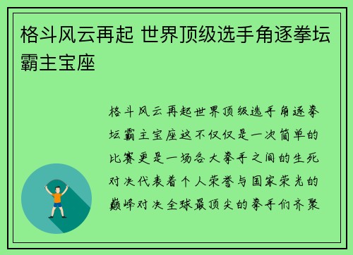 格斗风云再起 世界顶级选手角逐拳坛霸主宝座