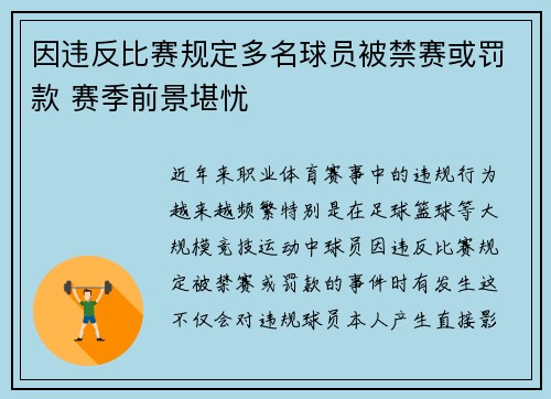 因违反比赛规定多名球员被禁赛或罚款 赛季前景堪忧